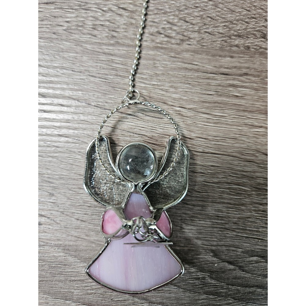 Vintage Pink Stained Glass Angel Suncatcher Ornament Star Charm Hanging Decor
